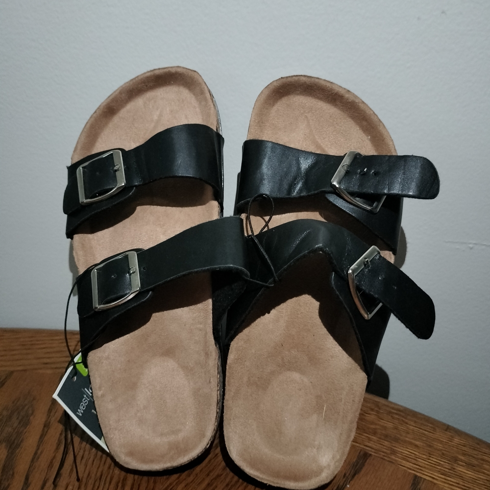 West Loop Black and Tan Two-Strap Sandals